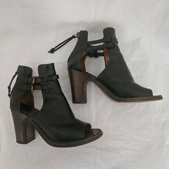 Buttero Peep Toe Leather Ankle Booties Black - Size 7 - Picture 7 of 11